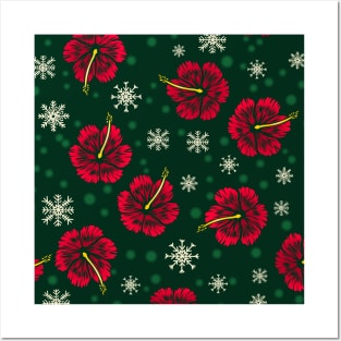 Tropical Floral Hibiscus Snowflakes Christmas Design Posters and Art